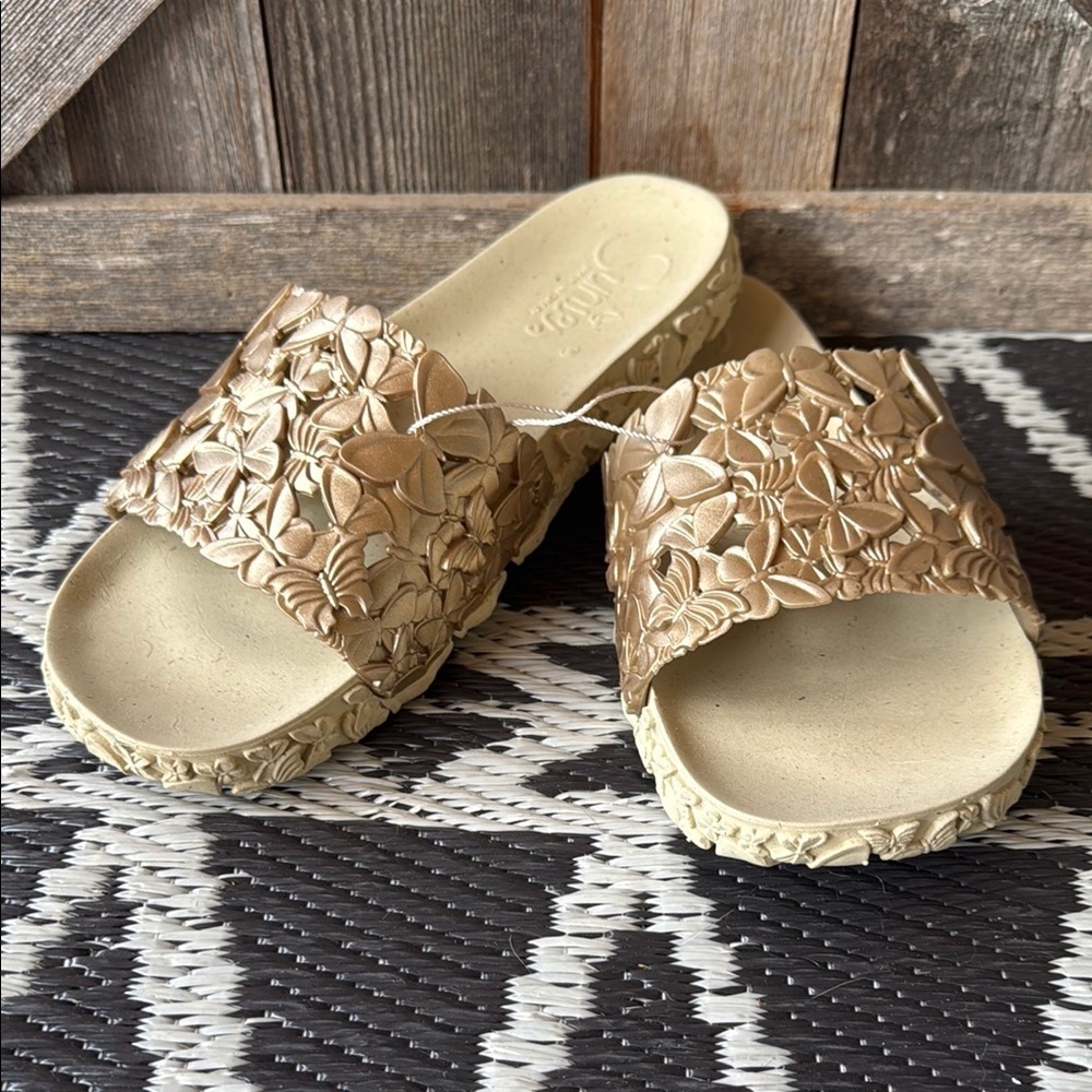 * NWOT* Sunies | Glossy Gold Butterfly Slides